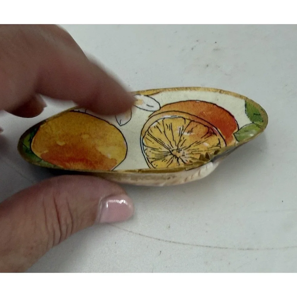 Coastal Citrus Pattern Clam Shell Jewelry  Dish Gold Trim Beach Nautical Decor